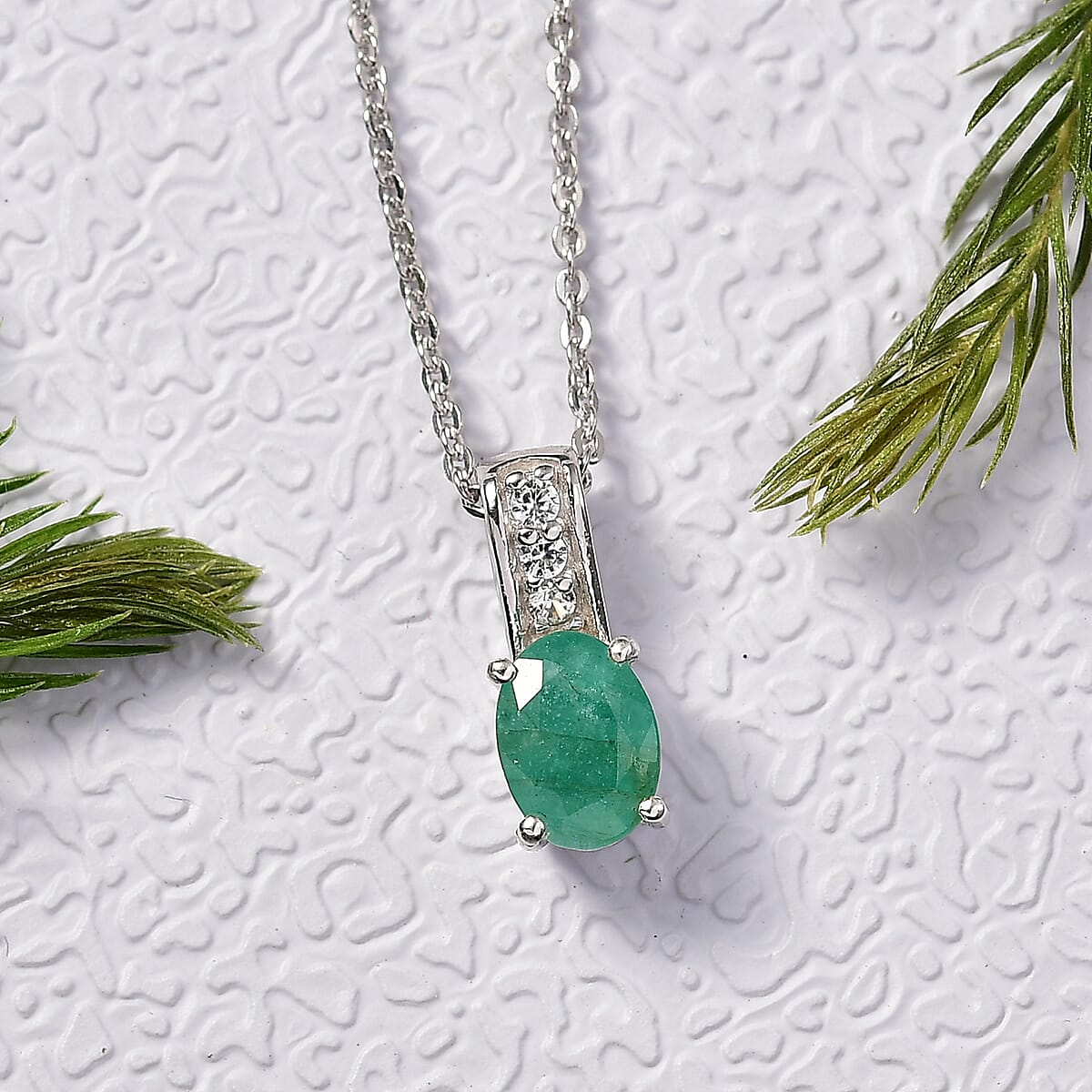 D'Joy Socoto Emerald and White Zircon 0.80 ctw Pendant Necklace in Rhodium Over Sterling Silver 20 Inches image number 1