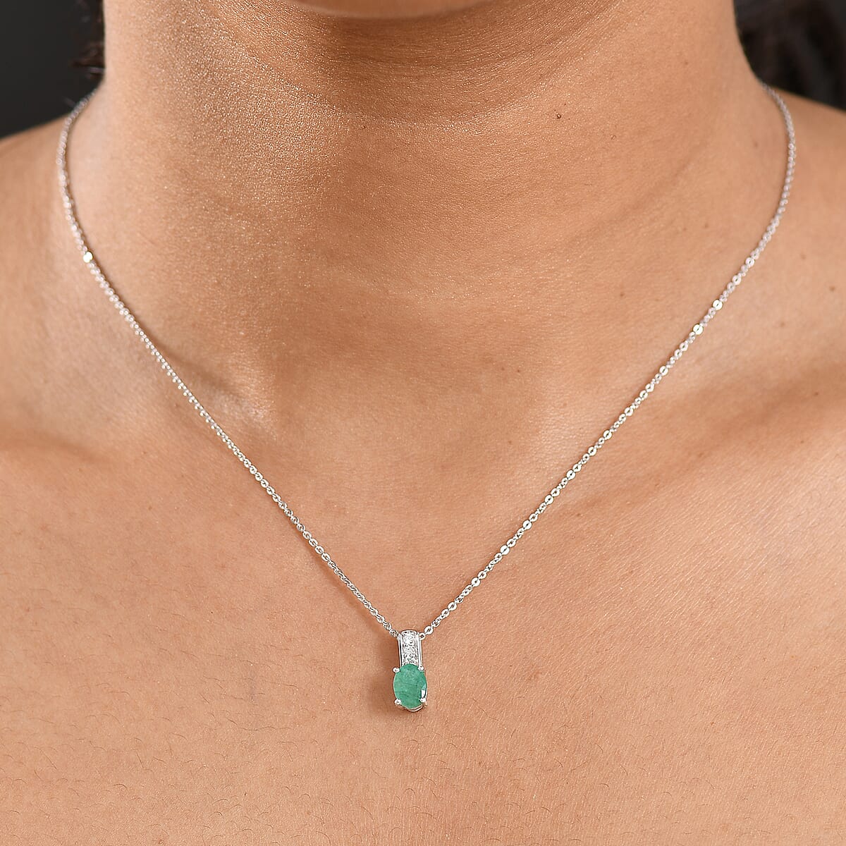 D'Joy Socoto Emerald and White Zircon 0.80 ctw Pendant Necklace in Rhodium Over Sterling Silver 20 Inches image number 2
