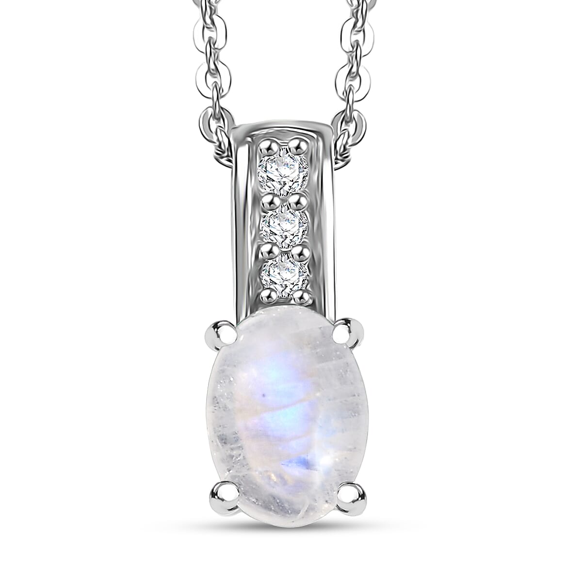 D'Joy Rainbow Moonstone and White Zircon 1.25 ctw Pendant Necklace in Rhodium Over Sterling Silver 20 Inches image number 0