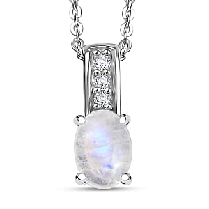 D'Joy Rainbow Moonstone and White Zircon 1.25 ctw Pendant Necklace in Rhodium Over Sterling Silver 20 Inches