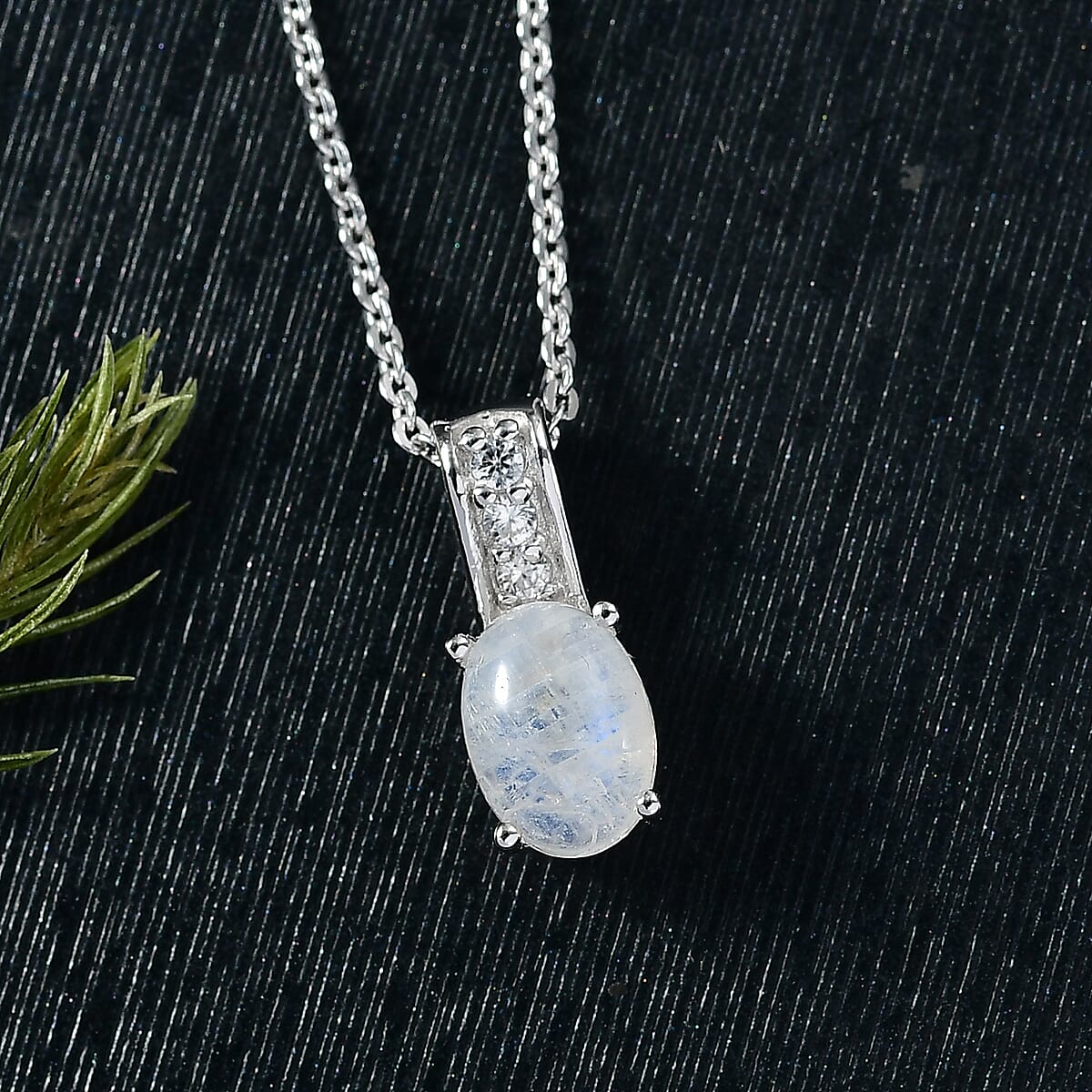 D'Joy Rainbow Moonstone and White Zircon 1.25 ctw Pendant Necklace in Rhodium Over Sterling Silver 20 Inches image number 1