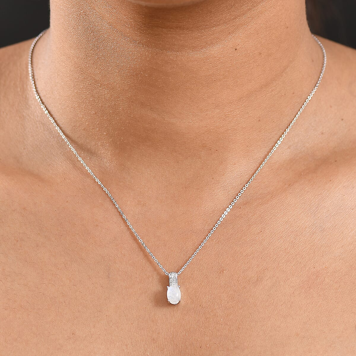 D'Joy Rainbow Moonstone and White Zircon 1.25 ctw Pendant Necklace in Rhodium Over Sterling Silver 20 Inches image number 2