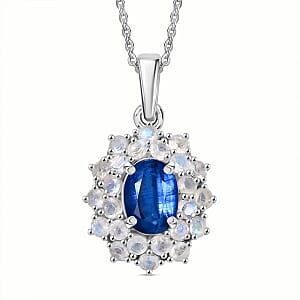 D'Joy Premium Kashmir Kyanite and Rainbow Moonstone 2.75 ctw Moonlit Halo Pendant Necklace in Rhodium Over Sterling Silver 20 Inches