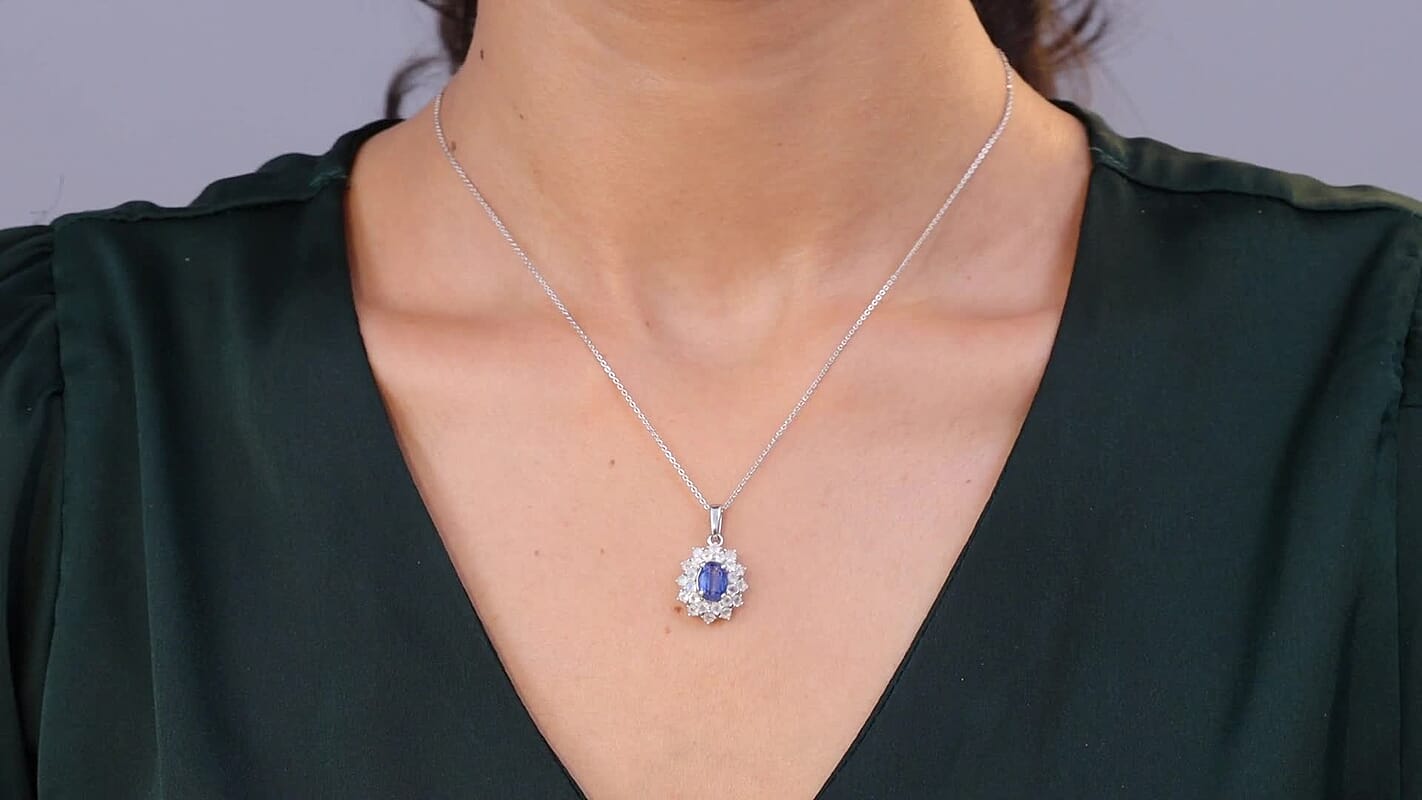 D'Joy Premium Kashmir Kyanite and Rainbow Moonstone 2.75 ctw Moonlit Halo Pendant Necklace in Rhodium Over Sterling Silver 20 Inches