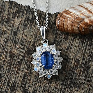 D'Joy Premium Kashmir Kyanite and Rainbow Moonstone 2.75 ctw Moonlit Halo Pendant Necklace in Rhodium Over Sterling Silver 20 Inches