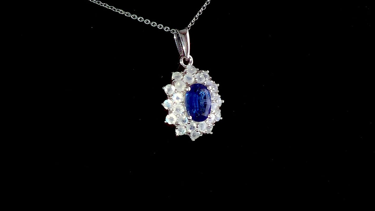 D'Joy Premium Kashmir Kyanite and Rainbow Moonstone 2.75 ctw Moonlit Halo Pendant Necklace in Rhodium Over Sterling Silver 20 Inches