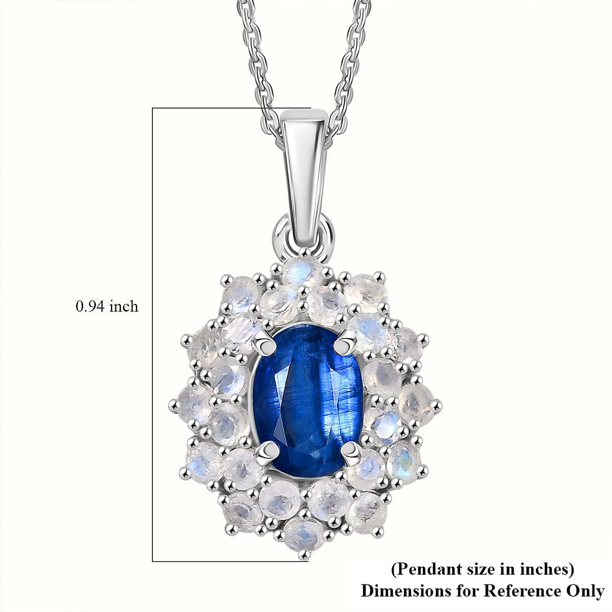 D'Joy Premium Kashmir Kyanite and Rainbow Moonstone 2.75 ctw Moonlit Halo Pendant Necklace in Rhodium Over Sterling Silver 20 Inches