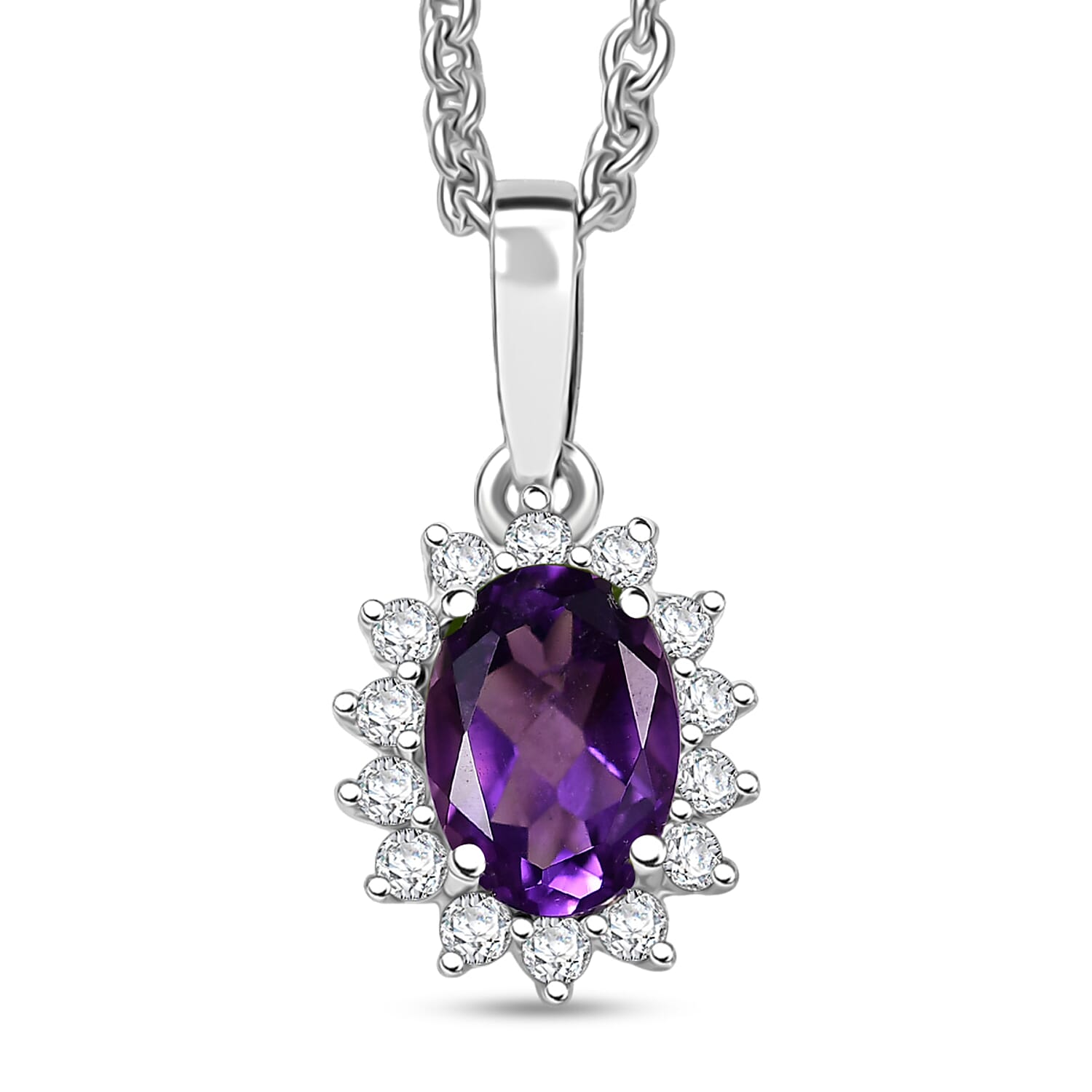 D'Joy African Amethyst and White Zircon 1.05 ctw Pendant Necklace in Rhodium Over Sterling Silver 20 Inches