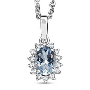 D'Joy Mangoro Aquamarine and White Zircon 1.00 ctw Pendant Necklace in Rhodium Over Sterling Silver 20 Inches
