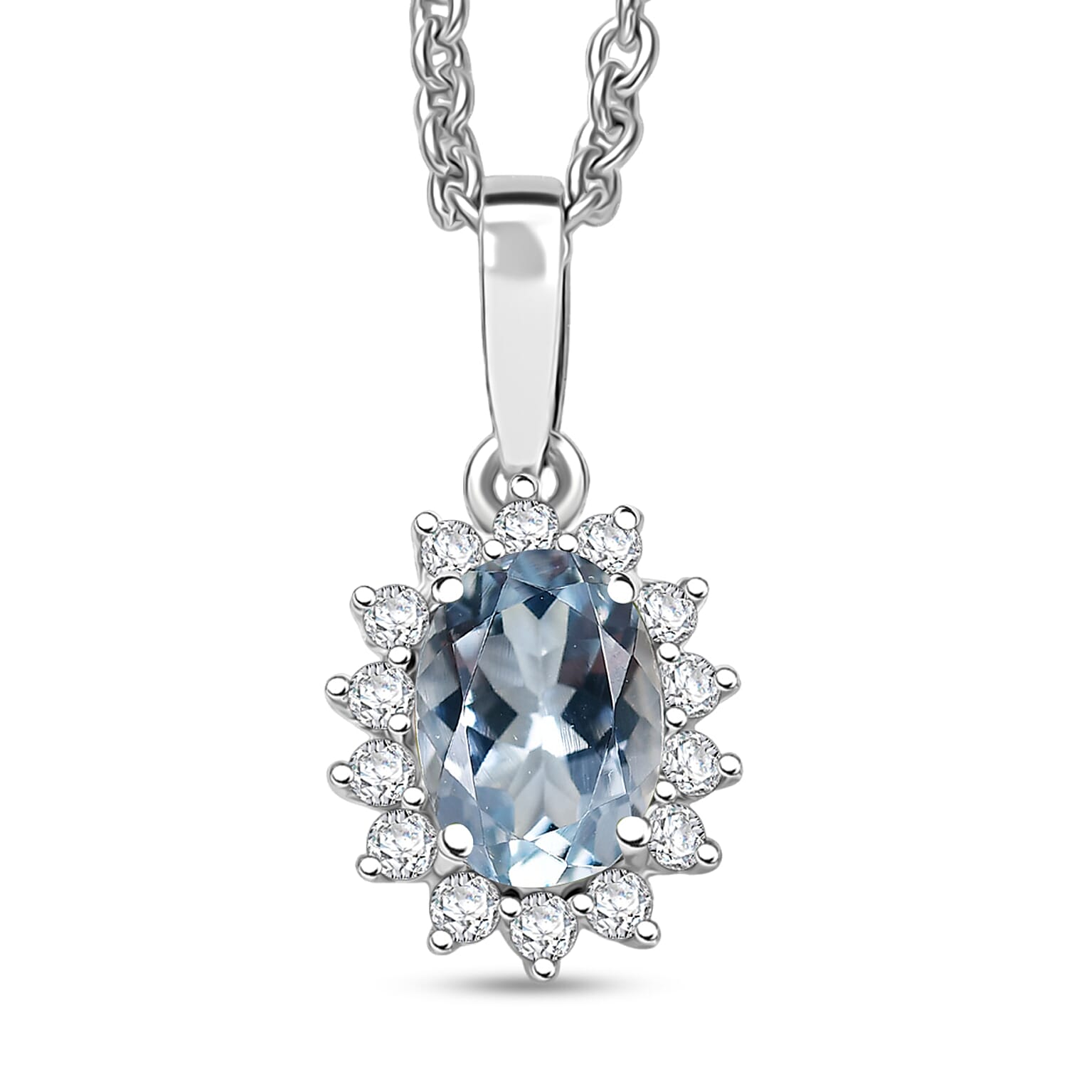 D'Joy Mangoro Aquamarine and White Zircon 1.00 ctw Pendant Necklace in Rhodium Over Sterling Silver 20 Inches