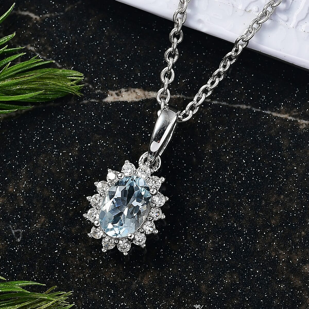 D'Joy Mangoro Aquamarine and White Zircon 1.00 ctw Pendant Necklace in Rhodium Over Sterling Silver 20 Inches image number 1