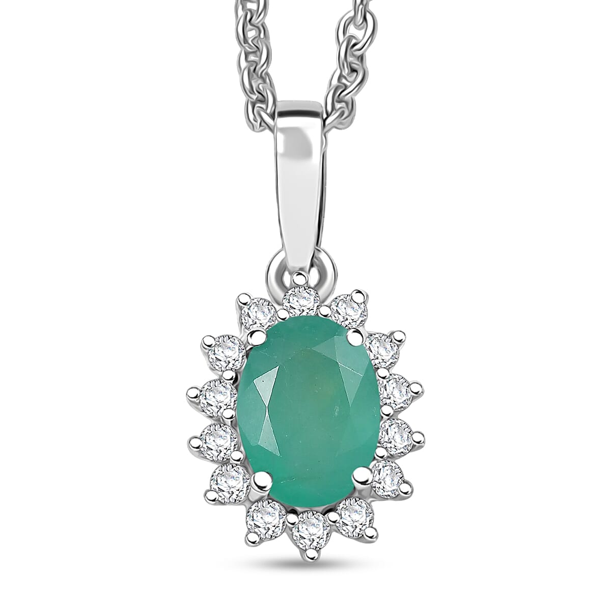 D'Joy Brazilian Emerald and White Zircon 1.10 ctw Pendant Necklace in Rhodium Over Sterling Silver 20 Inches image number 0