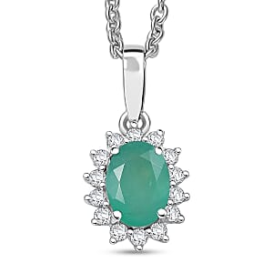 D'Joy Brazilian Emerald and White Zircon 1.10 ctw Pendant Necklace in Rhodium Over Sterling Silver 20 Inches
