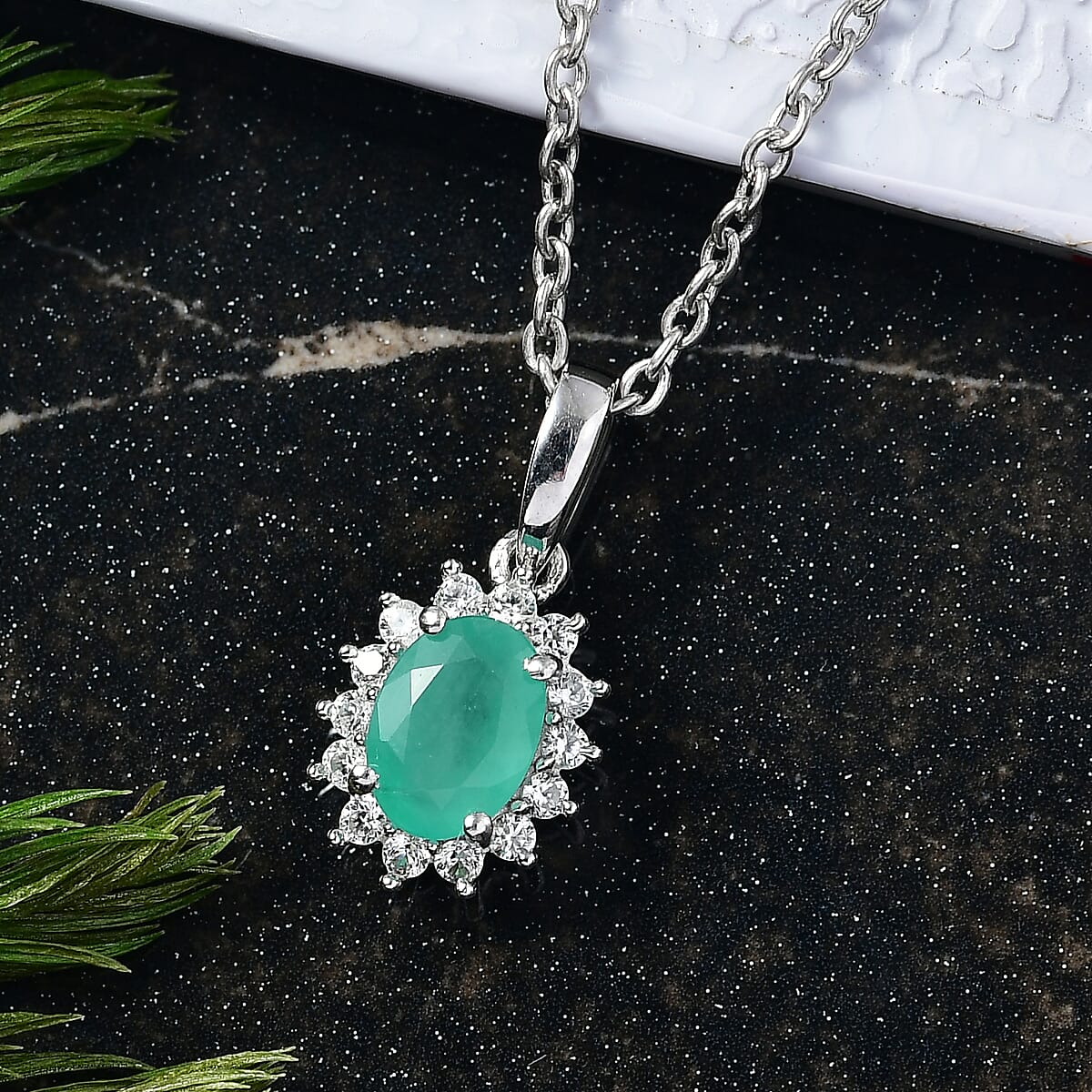 D'Joy Brazilian Emerald and White Zircon 1.10 ctw Pendant Necklace in Rhodium Over Sterling Silver 20 Inches image number 1