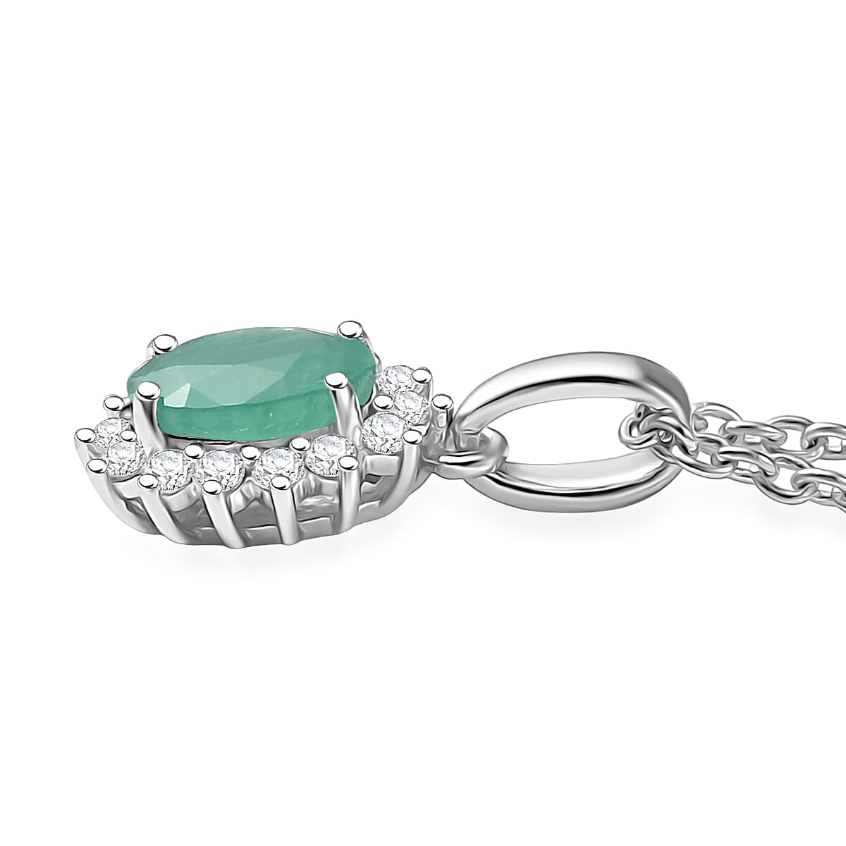 D'Joy Brazilian Emerald and White Zircon 1.10 ctw Pendant Necklace in Rhodium Over Sterling Silver 20 Inches image number 2