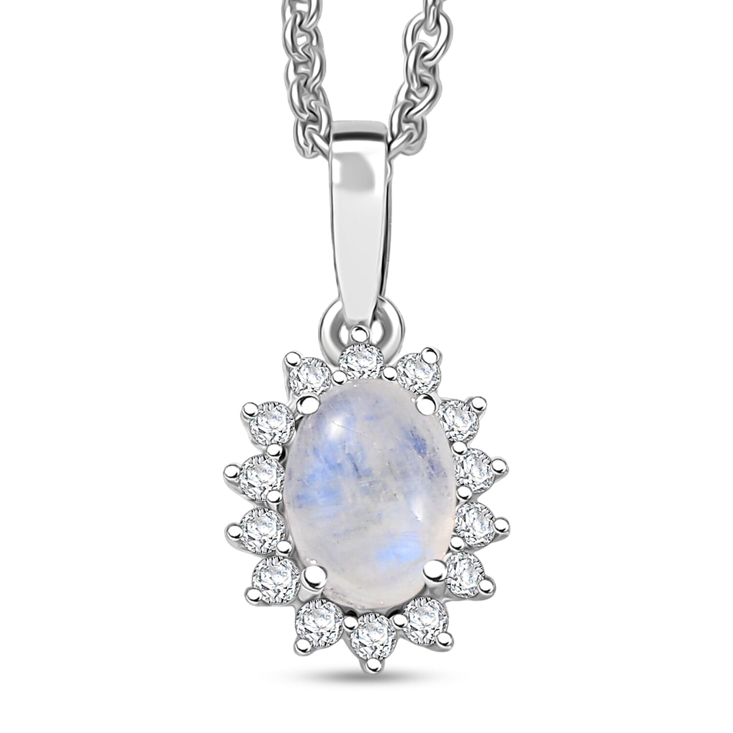 D'Joy Rainbow Moonstone and White Zircon 1.40 ctw Pendant Necklace in Rhodium Over Sterling Silver 20 Inches