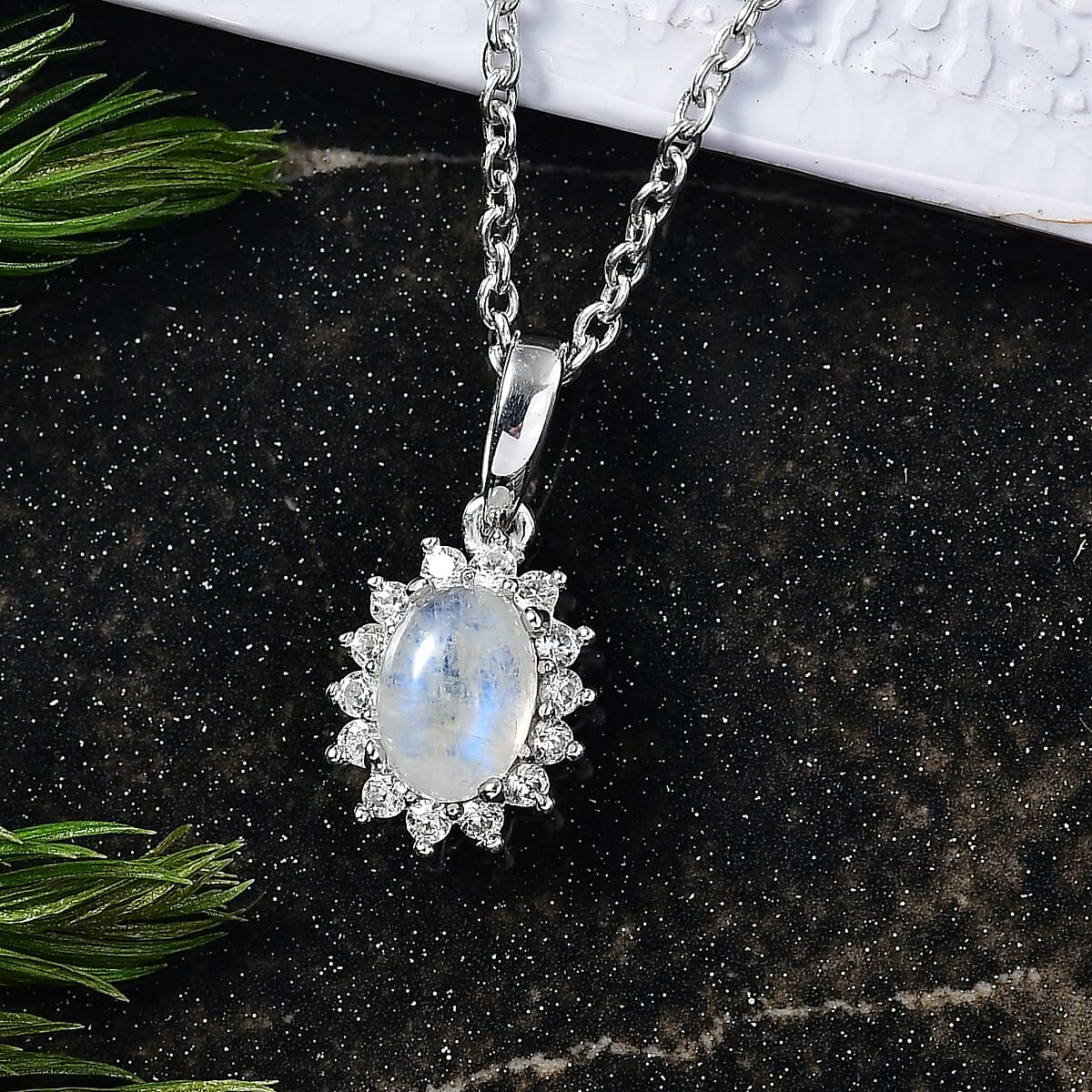 D'Joy Rainbow Moonstone and White Zircon 1.40 ctw Pendant Necklace in Rhodium Over Sterling Silver 20 Inches image number 1