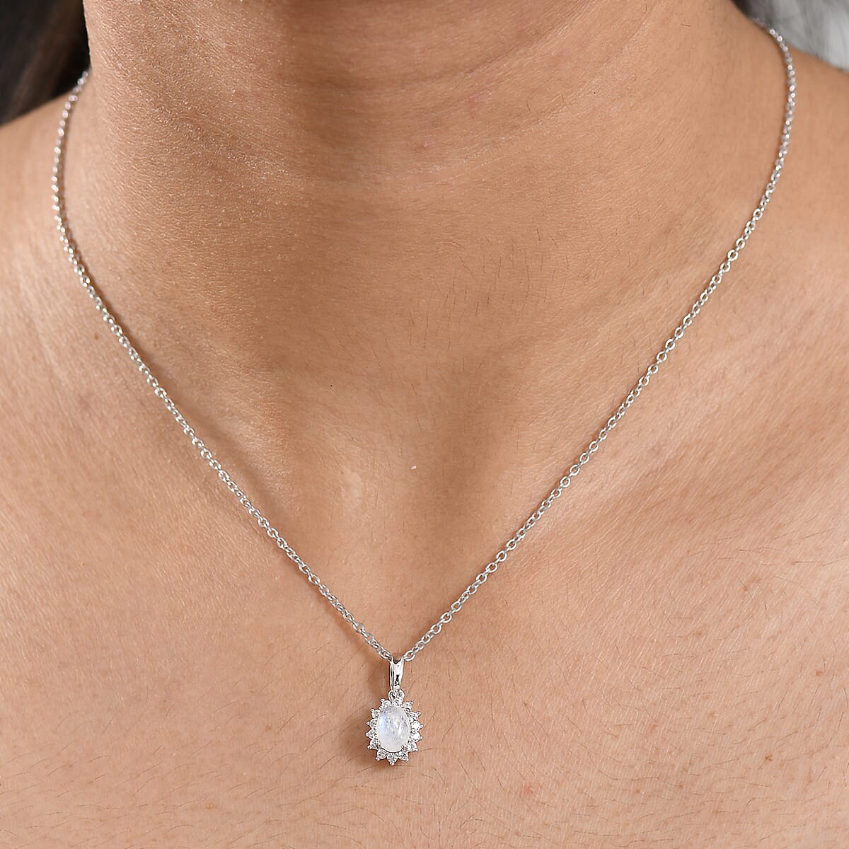 D'Joy Rainbow Moonstone and White Zircon 1.40 ctw Pendant Necklace in Rhodium Over Sterling Silver 20 Inches image number 2