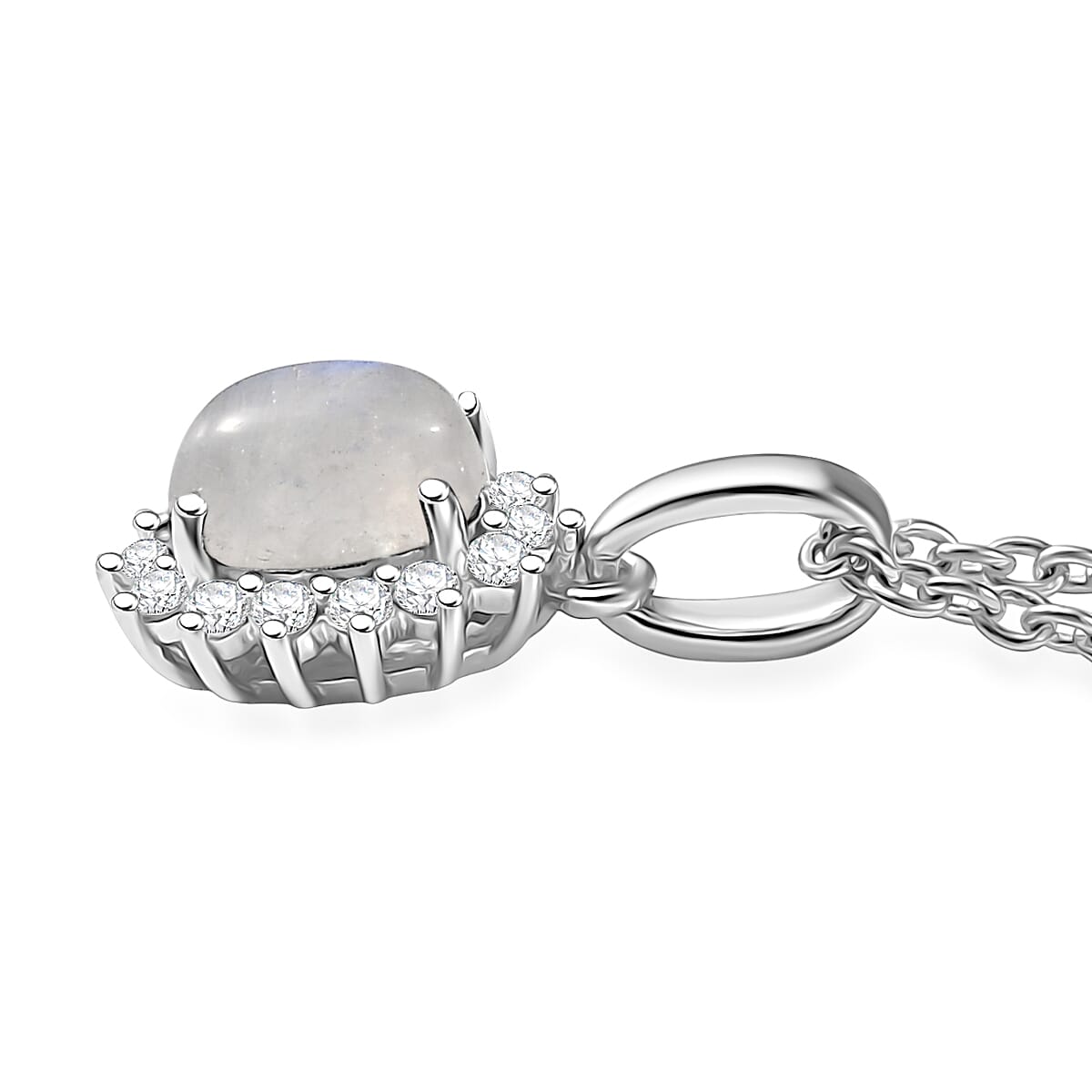 D'Joy Rainbow Moonstone and White Zircon 1.40 ctw Pendant Necklace in Rhodium Over Sterling Silver 20 Inches image number 3