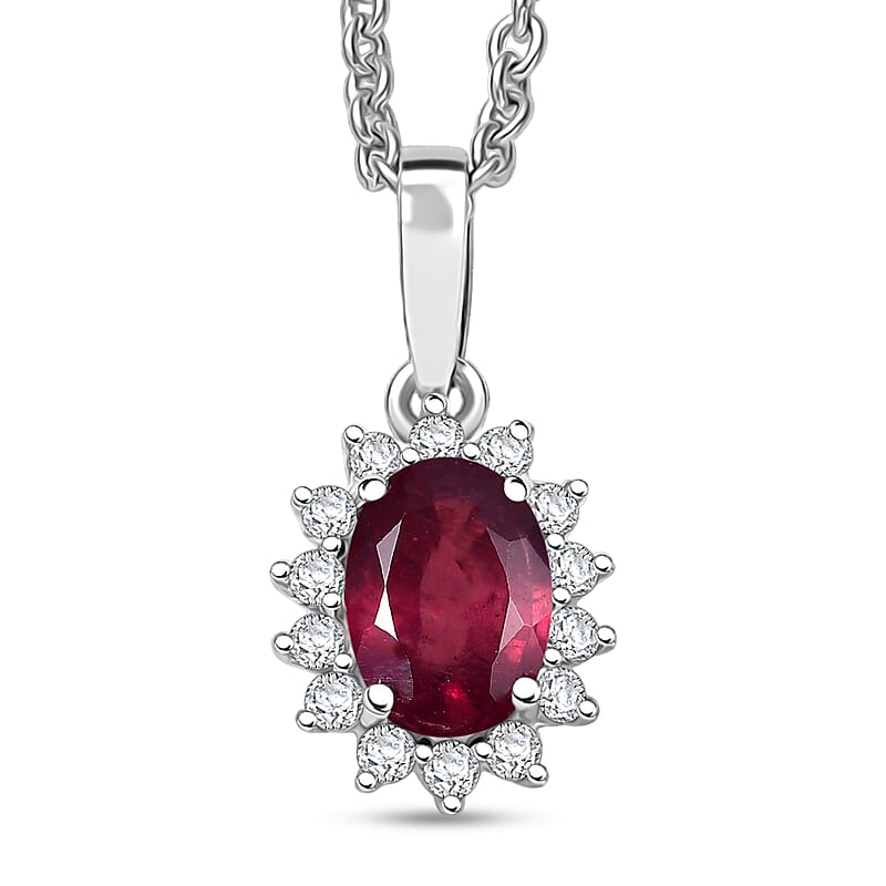 D'Joy Niassa Ruby (FF) and White Zircon 1.35 ctw Pendant Necklace in Rhodium Over Sterling Silver 20 Inches
