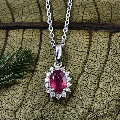 D'Joy Niassa Ruby (FF) and White Zircon 1.35 ctw Pendant Necklace in Rhodium Over Sterling Silver 20 Inches