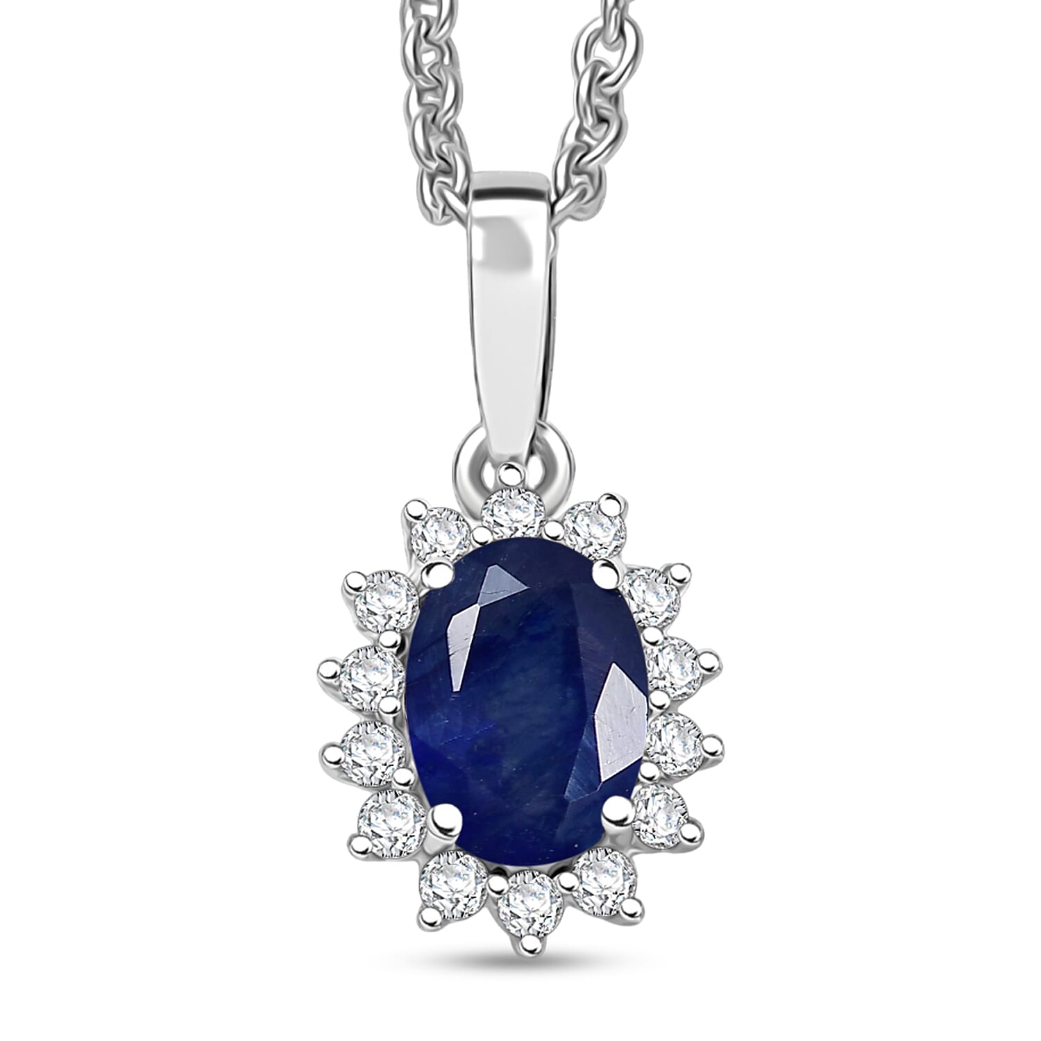 D'Joy Masoala Sapphire (D) and White Zircon 1.60 ctw Pendant Necklace in Rhodium Over Sterling Silver 20 Inches