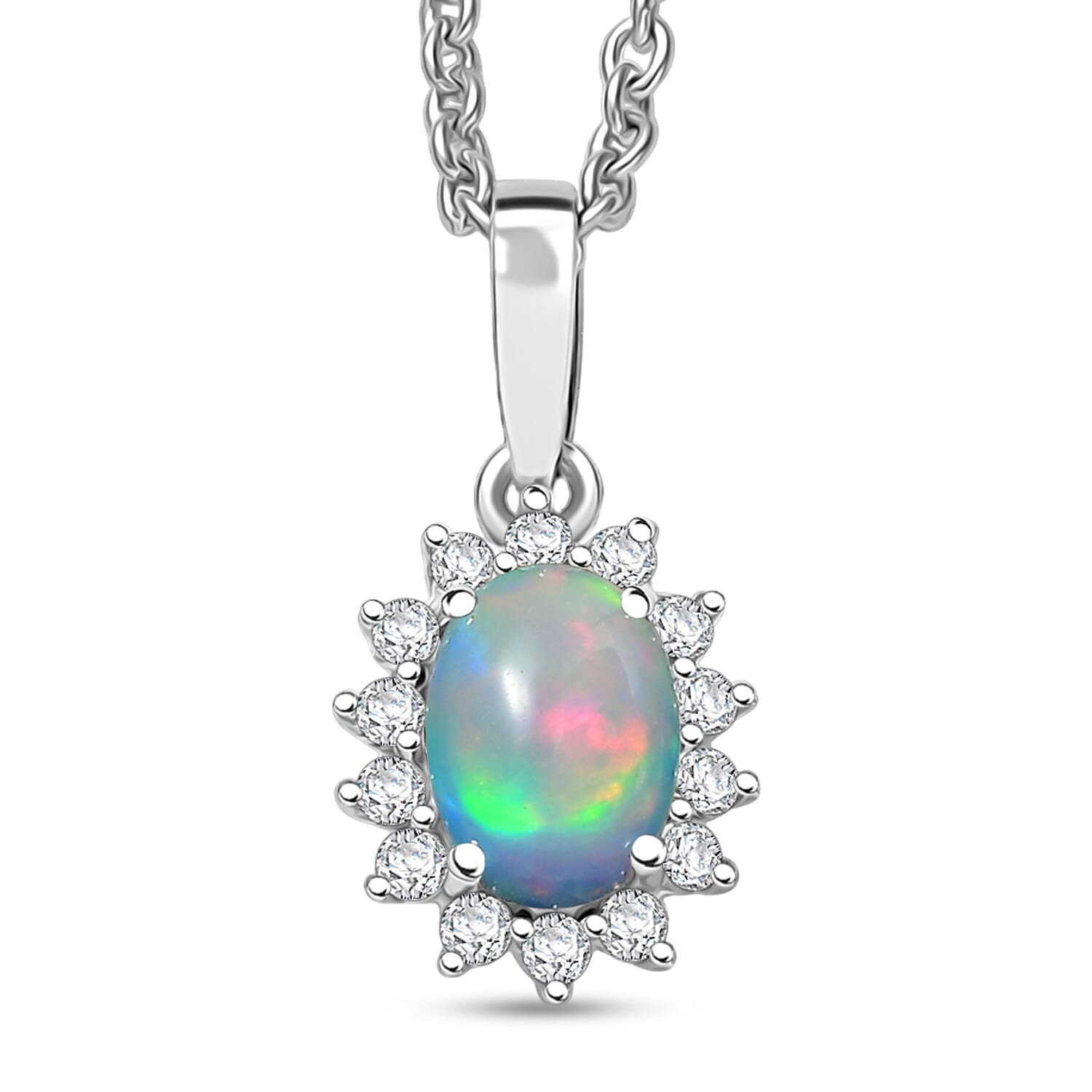 D'Joy Ethiopian Welo Opal and White Zircon 0.85 ctw Pendant Necklace in Rhodium Over Sterling Silver 20 Inches