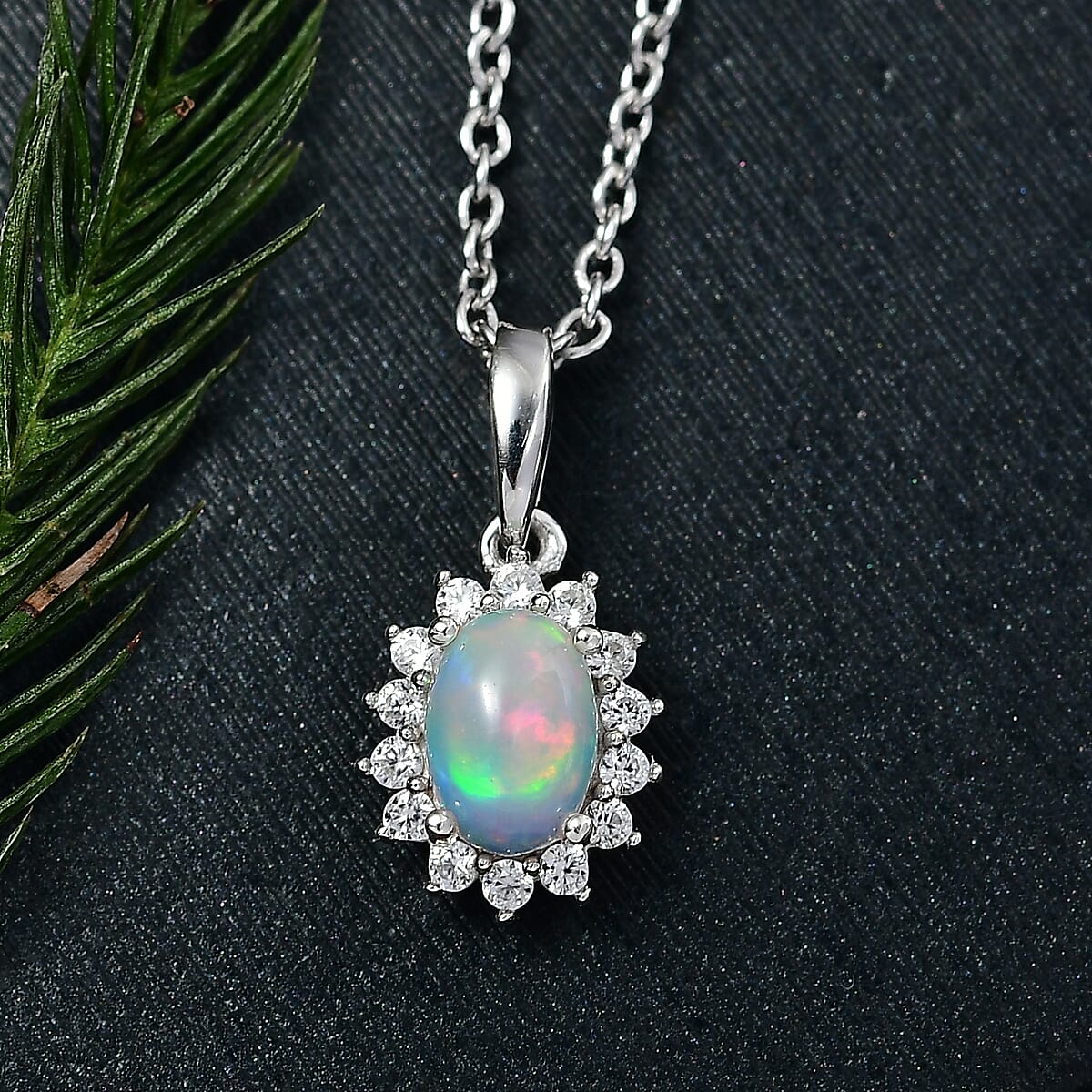 D'Joy Ethiopian Welo Opal and White Zircon 0.85 ctw Pendant Necklace in Rhodium Over Sterling Silver 20 Inches image number 1