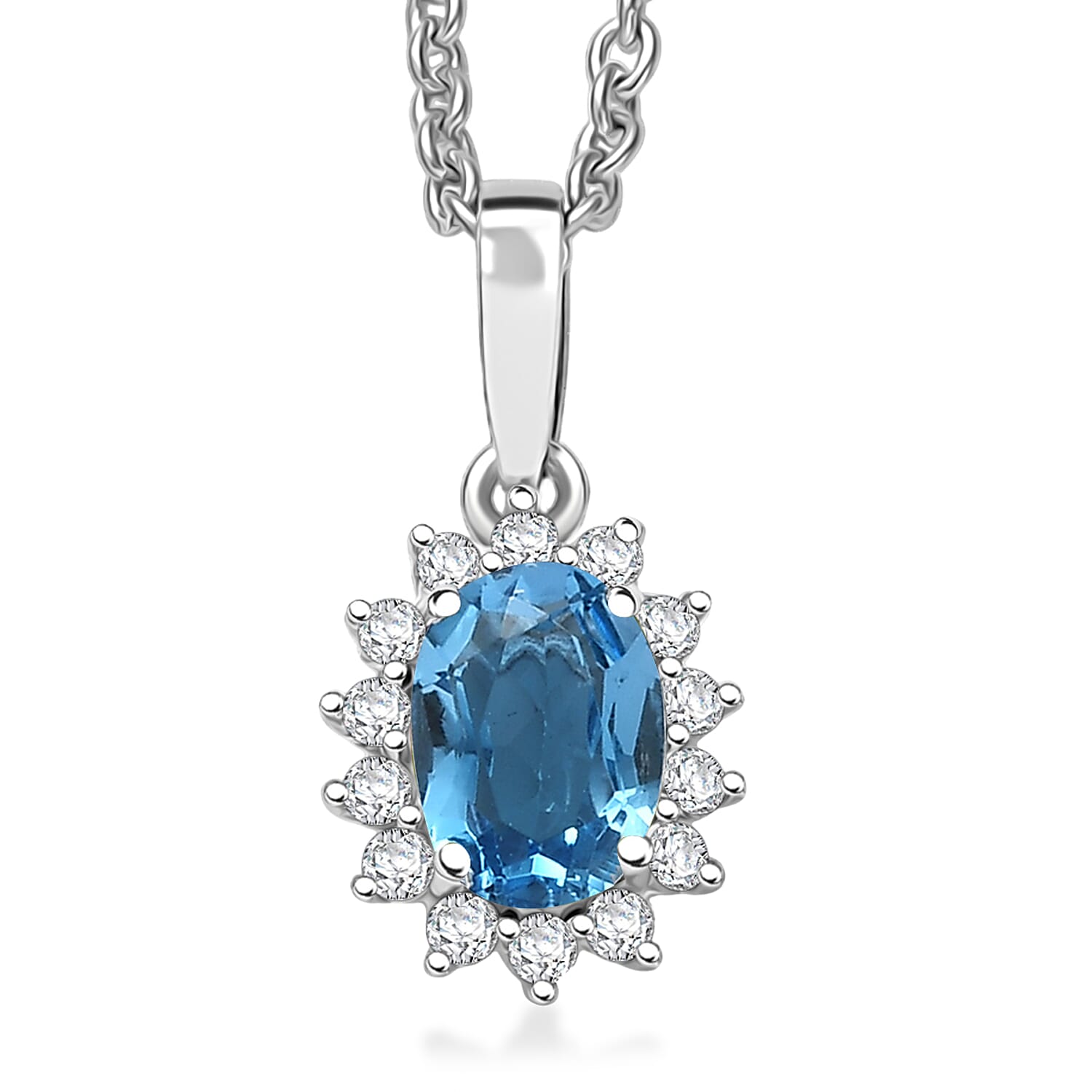 D'Joy Blue Topaz and White Zircon 1.25 ctw Pendant Necklace in Rhodium Over Sterling Silver 20 Inches