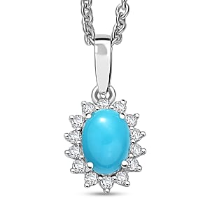 D'Joy Sleeping Beauty Turquoise and White Zircon 1.10 ctw Pendant Necklace 20 Inches in Rhodium Over Sterling Silver 20 Inches