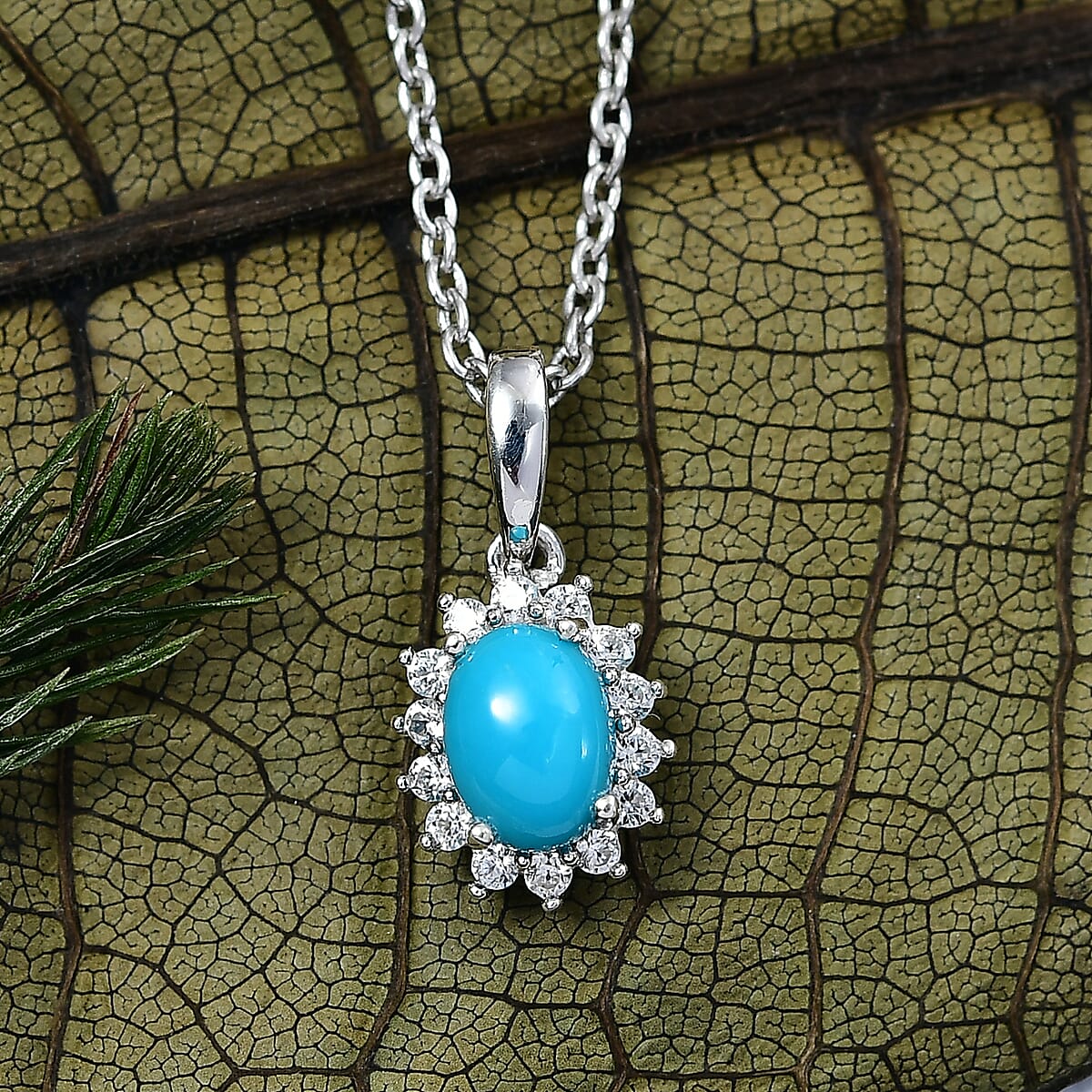 D'Joy Sleeping Beauty Turquoise and White Zircon 1.10 ctw Pendant Necklace 20 Inches in Rhodium Over Sterling Silver 20 Inches image number 1