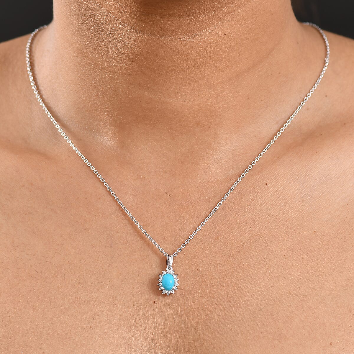 D'Joy Sleeping Beauty Turquoise and White Zircon 1.10 ctw Pendant Necklace 20 Inches in Rhodium Over Sterling Silver 20 Inches image number 2