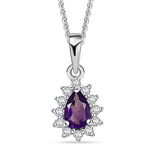 D'Joy African Amethyst and White Zircon 0.65 ctw Pendant Necklace in Rhodium Over Sterling Silver 20 Inches
