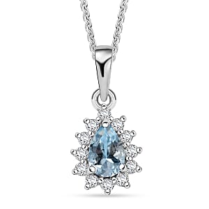 D'Joy Mangoro Aquamarine and White Zircon 0.60 ctw Pendant Necklace in Rhodium Over Sterling Silver 20 Inches