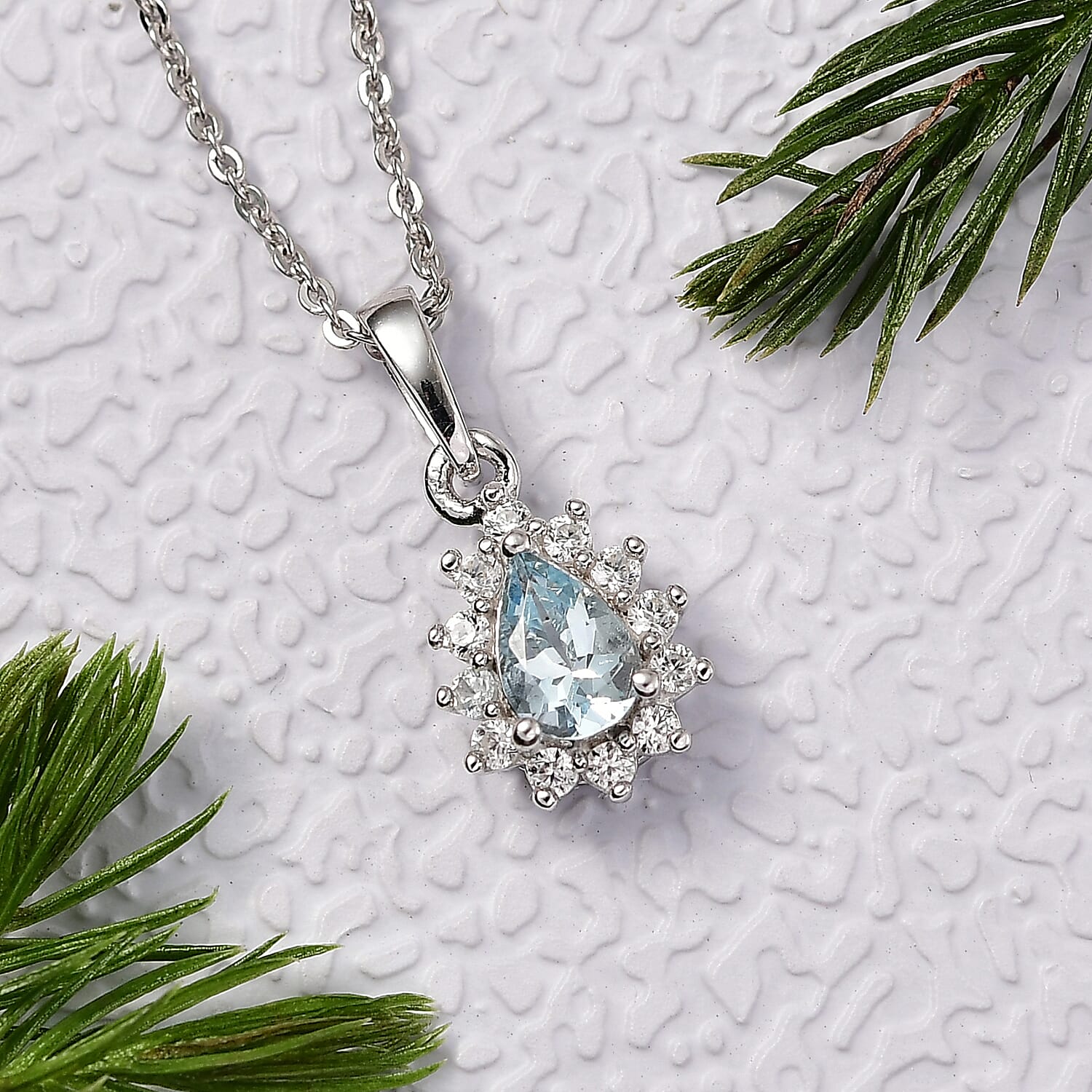 D'Joy Mangoro Aquamarine and White Zircon 0.60 ctw Pendant Necklace in Rhodium Over Sterling Silver 20 Inches