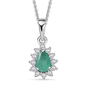 D'Joy Socoto Emerald and White Zircon 0.60 ctw Pendant Necklace in Rhodium Over Sterling Silver 20 Inches