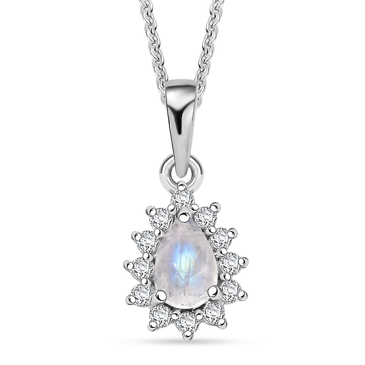 D'Joy Rainbow Moonstone and White Zircon 0.80 ctw Pendant Necklace in Rhodium Over Sterling Silver 20 Inches image number 0