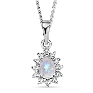 D'Joy Rainbow Moonstone and White Zircon 0.80 ctw Pendant Necklace in Rhodium Over Sterling Silver 20 Inches