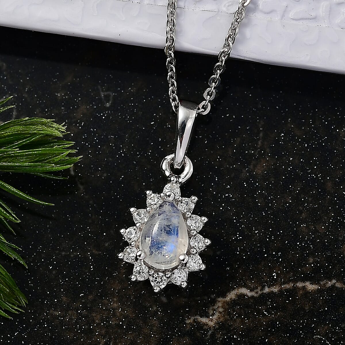 D'Joy Rainbow Moonstone and White Zircon 0.80 ctw Pendant Necklace in Rhodium Over Sterling Silver 20 Inches image number 1