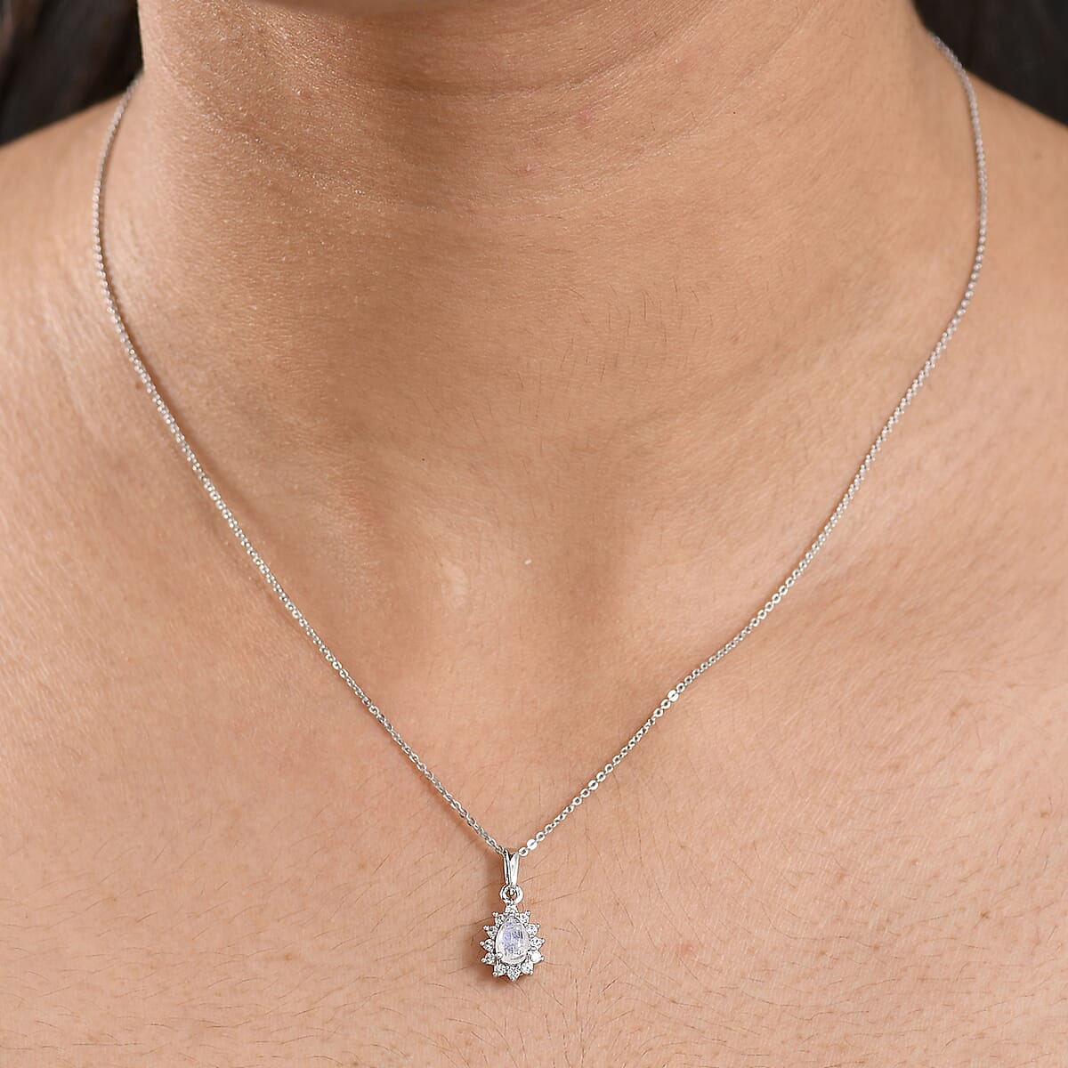 D'Joy Rainbow Moonstone and White Zircon 0.80 ctw Pendant Necklace in Rhodium Over Sterling Silver 20 Inches image number 2