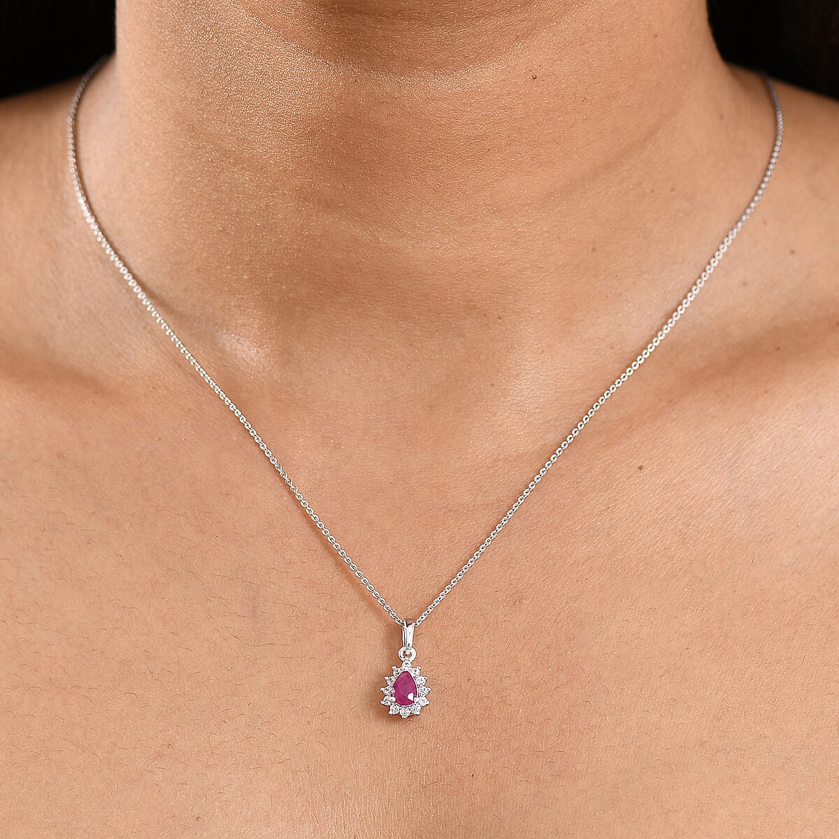 D'Joy Niassa Ruby (FF) and White Zircon 0.85 ctw Pendant Necklace in Rhodium Over Sterling Silver 20 Inches image number 2