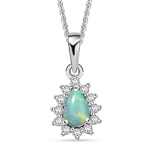 D'Joy Ethiopian Welo Opal and White Zircon 0.83 ctw Pendant Necklace in Rhodium Over Sterling Silver 20 Inches