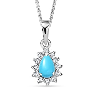 D'Joy Sleeping Beauty Turquoise and White Zircon 0.65 ctw Pendant Necklace in Rhodium Over Sterling Silver 20 Inches