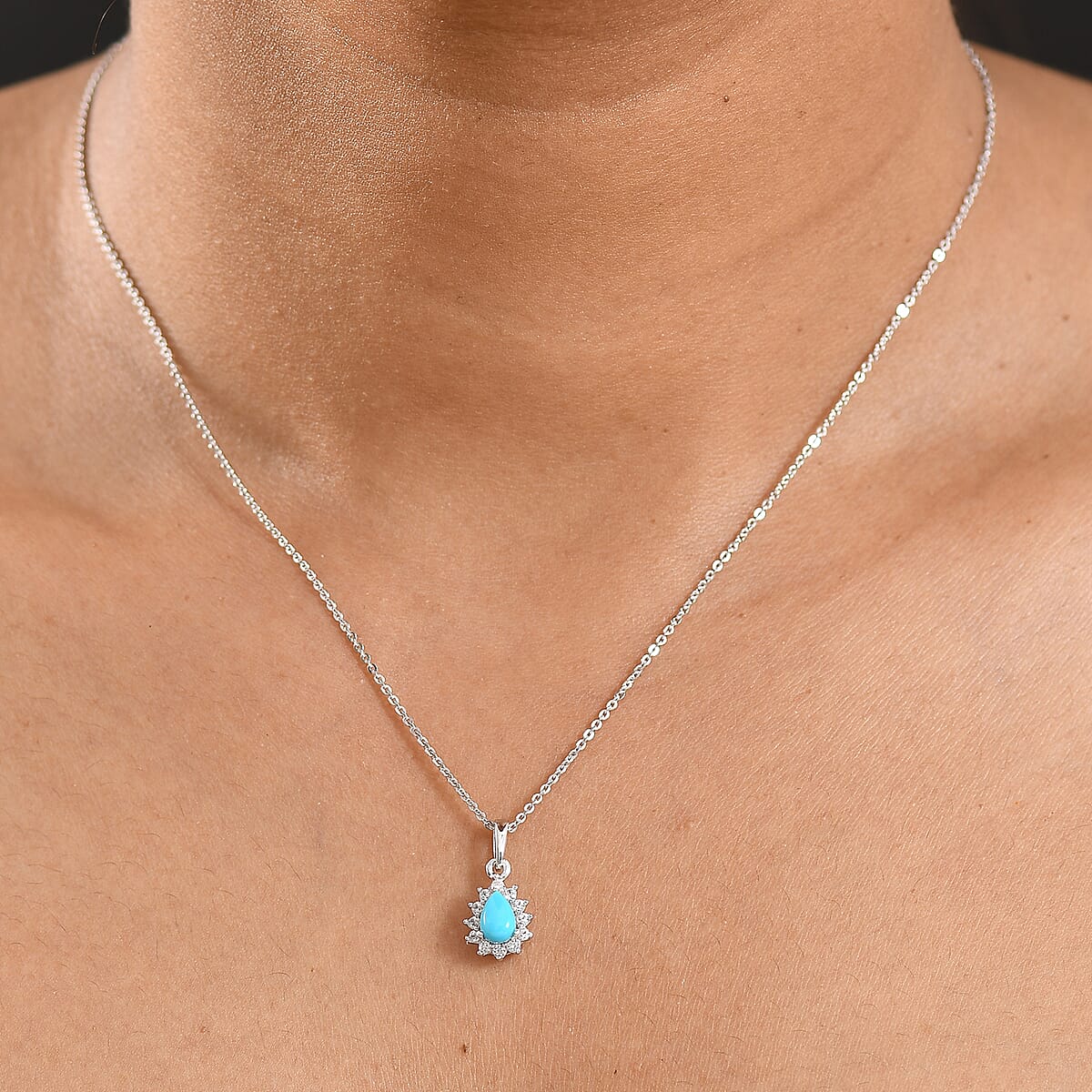 D'Joy Sleeping Beauty Turquoise and White Zircon 0.65 ctw Pendant Necklace in Rhodium Over Sterling Silver 20 Inches image number 2