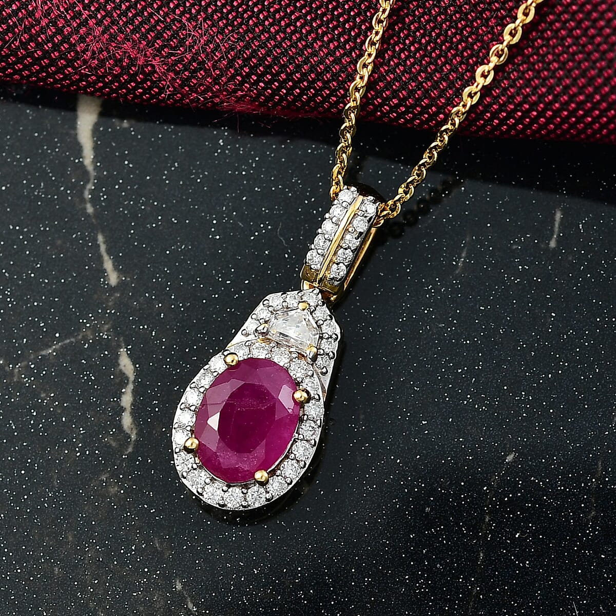 D'Joy AAA Royal Ruby and Moissanite 2.20 ctw Pendant Necklace 20 Inches in 18K Vermeil Yellow Gold Over Sterling Silver image number 1
