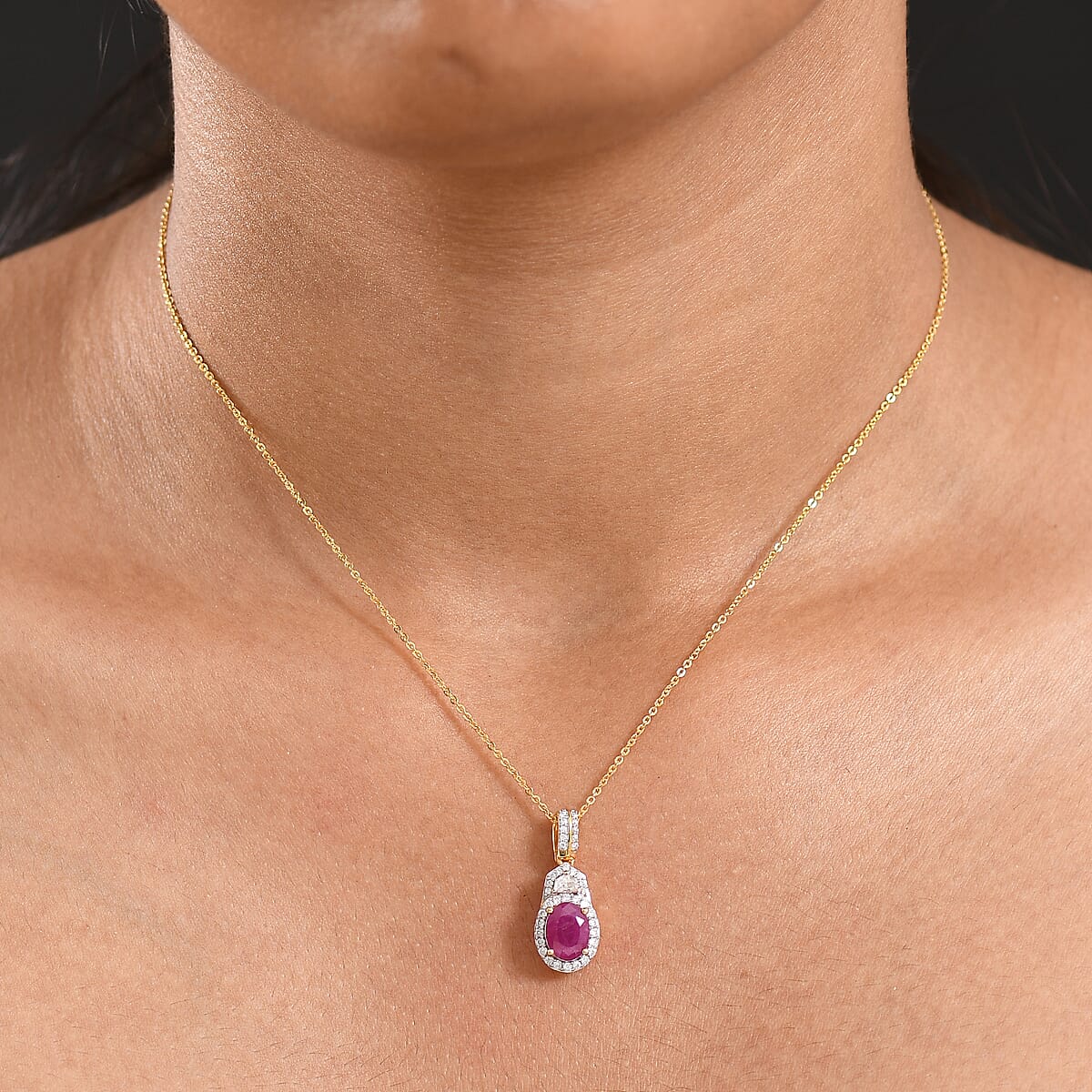 D'Joy AAA Royal Ruby and Moissanite 2.20 ctw Pendant Necklace 20 Inches in 18K Vermeil Yellow Gold Over Sterling Silver image number 2