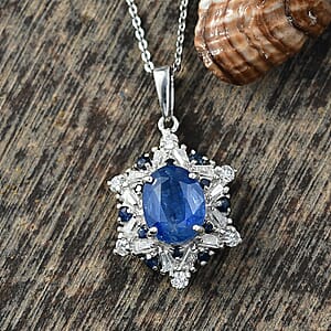 D'Joy Premium Kashmir Kyanite and Multi Gemstone 3.10 ctw Supernova Bloom Pendant Necklace 20 Inches in Rhodium Over Sterling Silver 