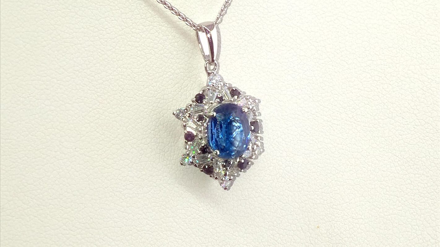 D'Joy Premium Kashmir Kyanite and Multi Gemstone 3.10 ctw Supernova Bloom Pendant Necklace 20 Inches in Rhodium Over Sterling Silver