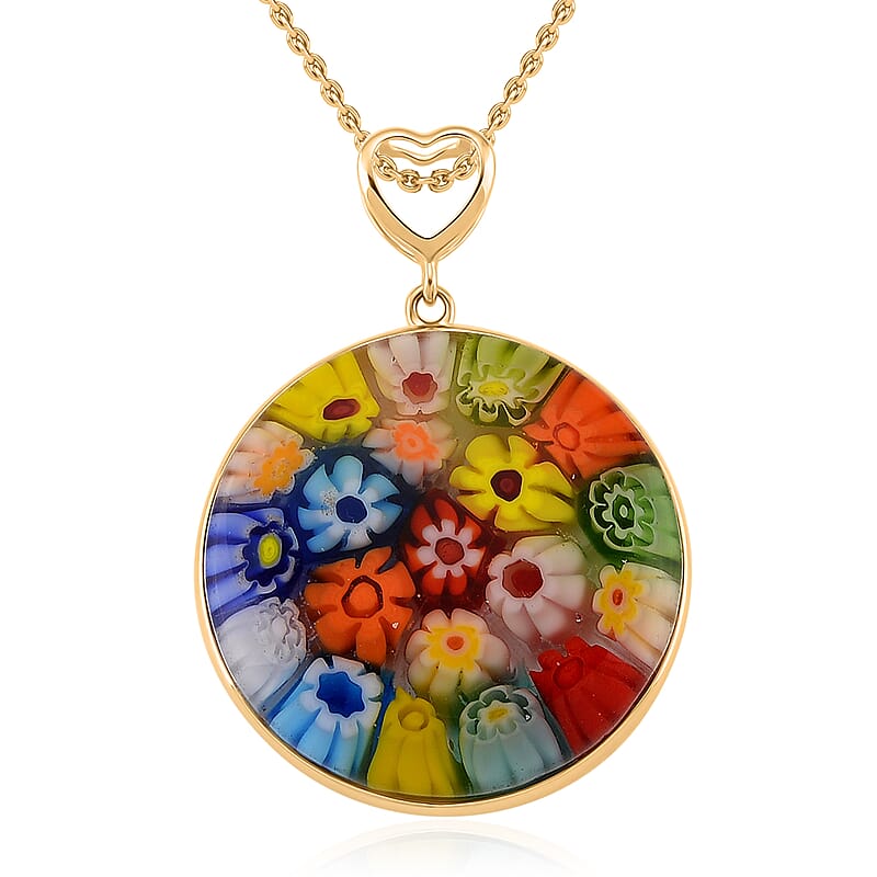 Multi Color Murano Style Solitaire Pendant Necklace in 10K Yellow Gold 18 Inches