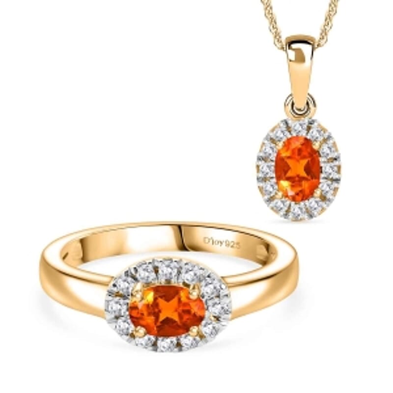 Fire Opal, White Zircon 1.36 ctw Set Ring (Size 10) and Pendant Necklace (18 Inches) in Vermeil YG Over Sterling Silver